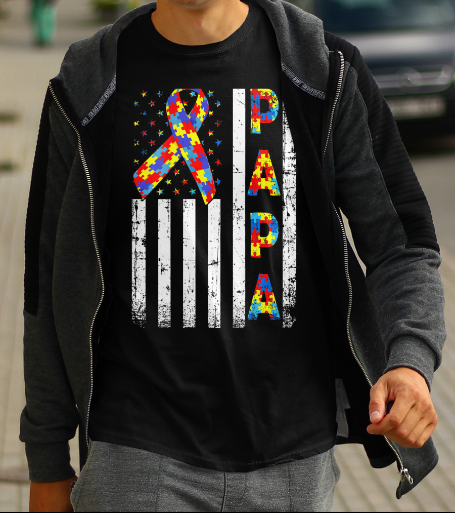 Papa Autism Awareness Puzzle Ribbon USA Flag T-Shirt
