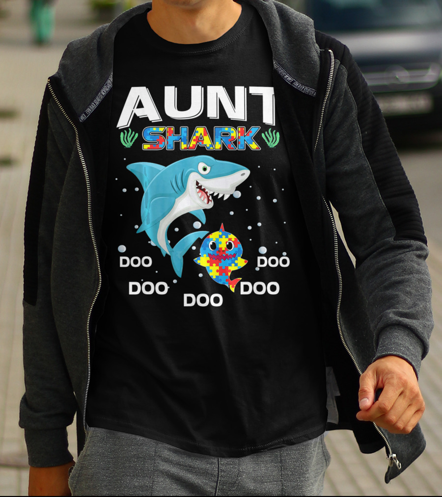 Aunt Shark Doo Doo Autism Awareness Puzzle Piece T-Shirt