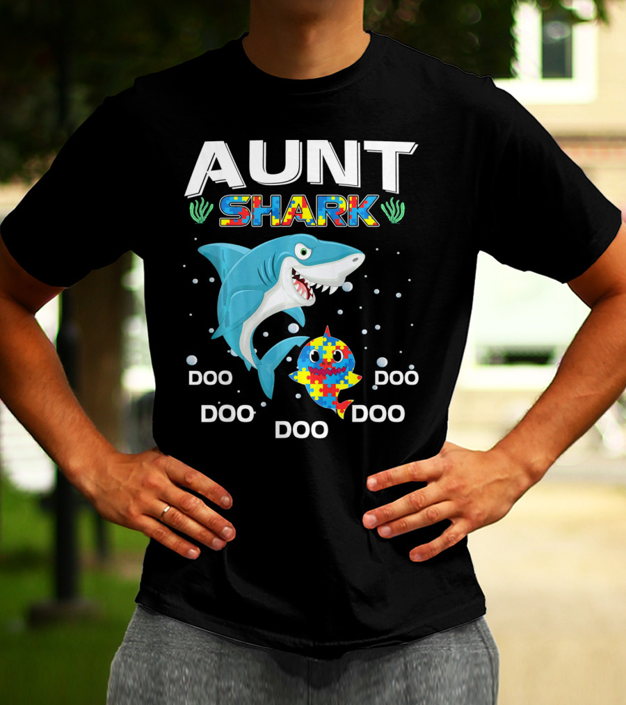 Aunt Shark Doo Doo Autism Awareness Puzzle Piece T-Shirt