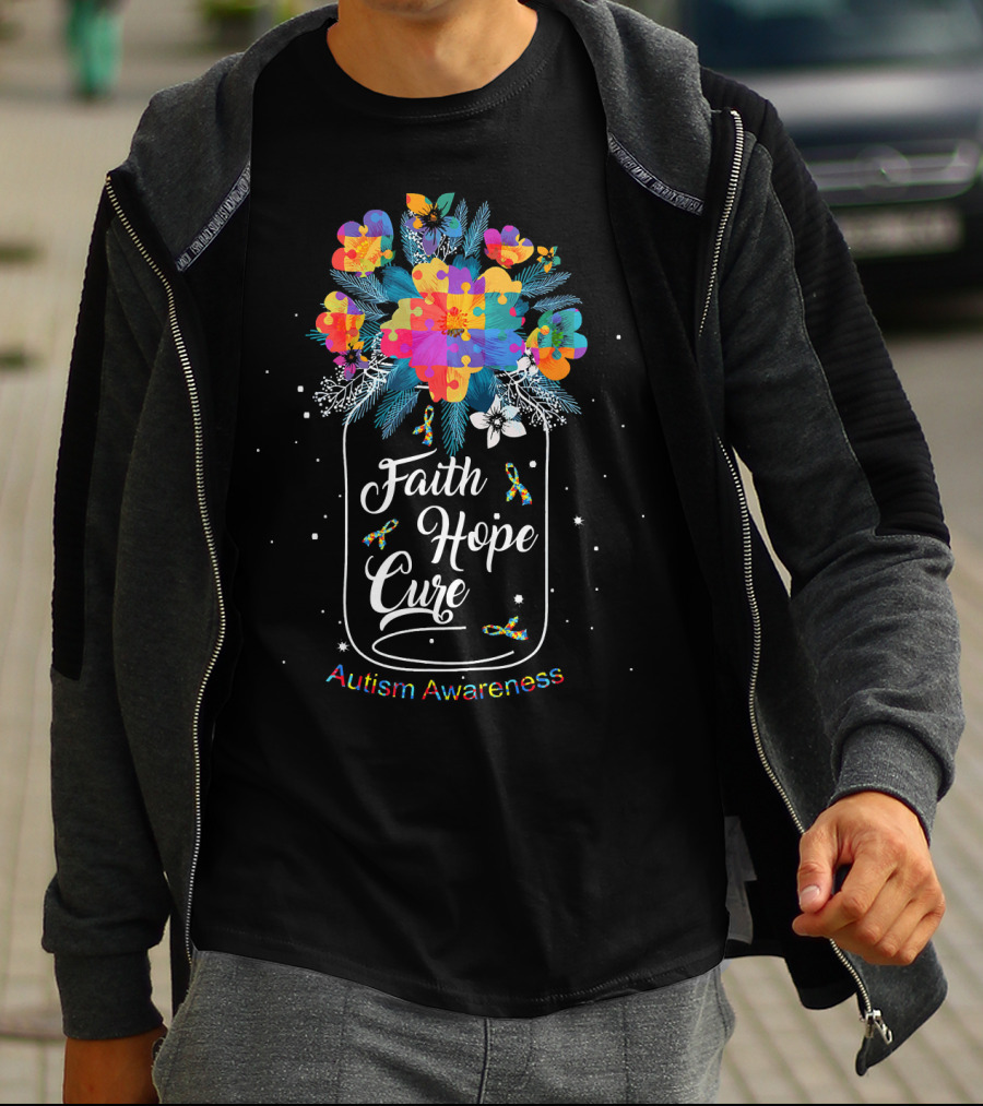 Faith Hope Cure Autism Awareness Flower Puzzle T-Shirt