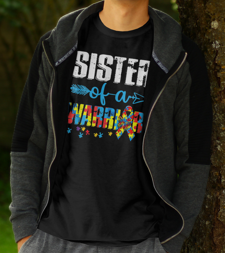 Sister Of A Warrior Puzzle Ribbon Autism Awareness T-Shirt