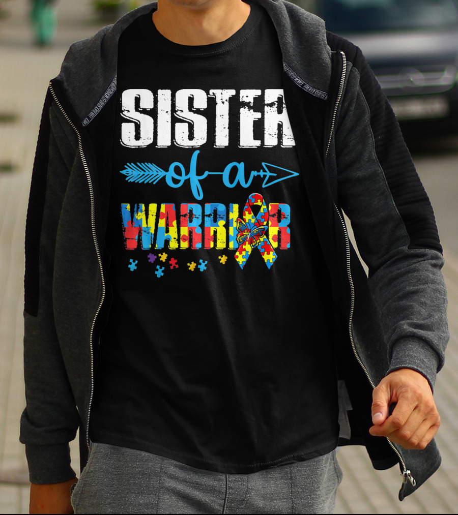 Sister Of A Warrior Puzzle Ribbon Autism Awareness T-Shirt