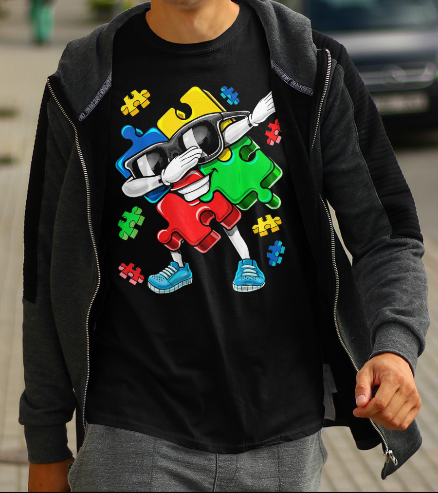 Autism Awareness Cool Dabbing Puzzle Piece Character T-Shirt
