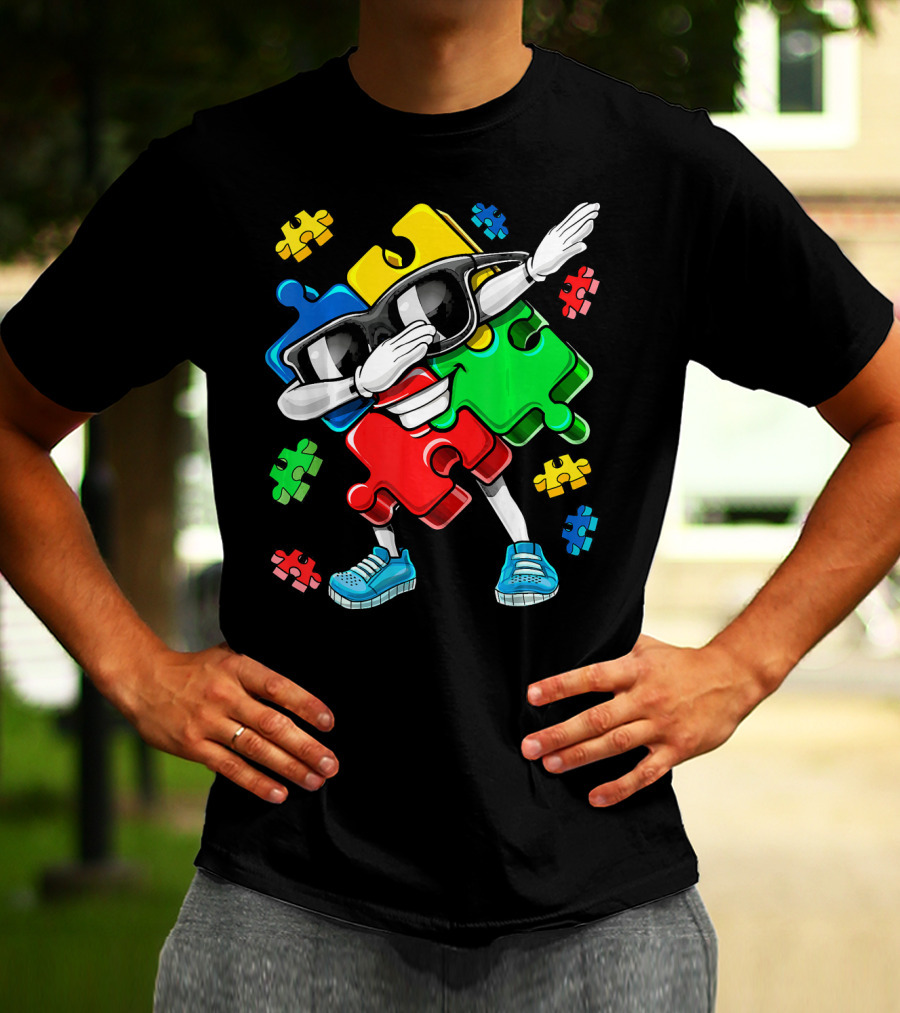 Autism Awareness Cool Dabbing Puzzle Piece Character T-Shirt