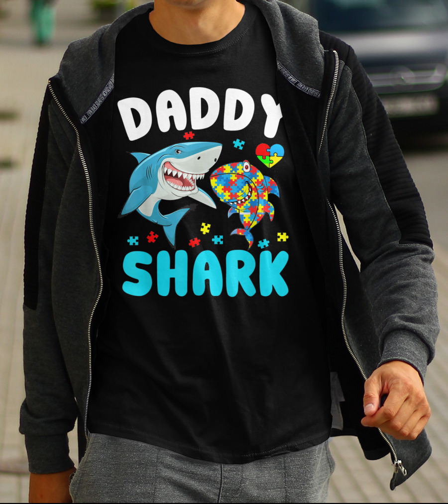 Daddy Shark Autism Awareness Puzzle Heart T-Shirt