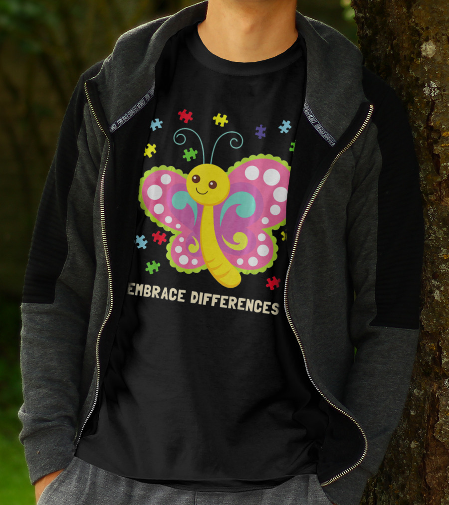 Embrace Differences Autism Awareness Boy Girl Butterfly Puzzle Pieces T-Shirt