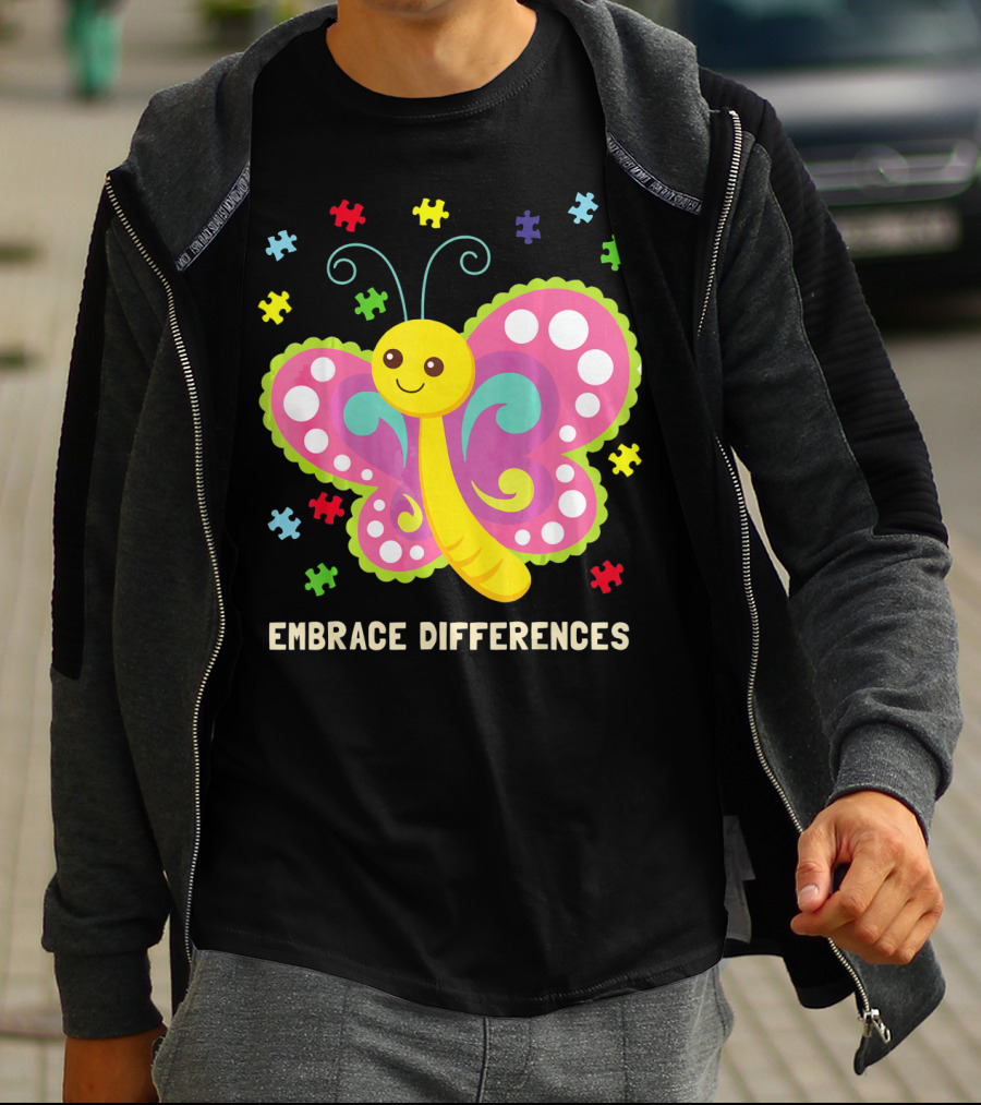 Embrace Differences Autism Awareness Boy Girl Butterfly Puzzle Pieces T-Shirt