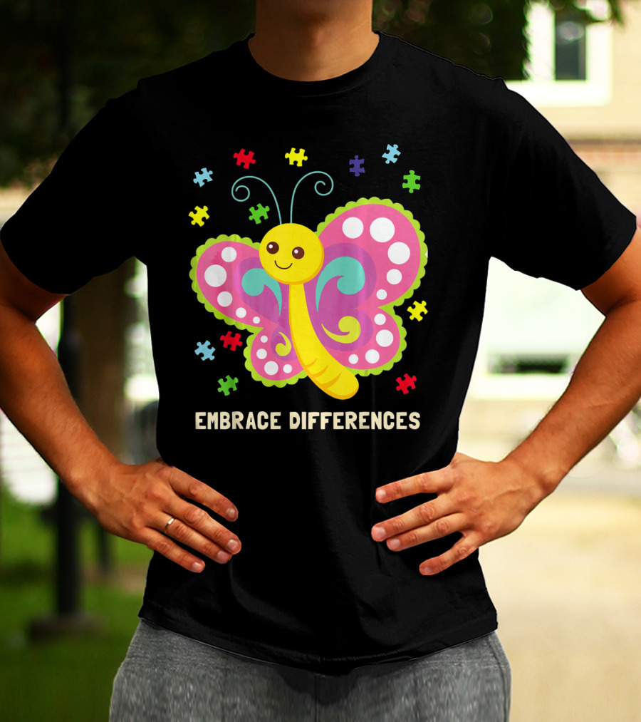 Embrace Differences Autism Awareness Boy Girl Butterfly Puzzle Pieces T-Shirt