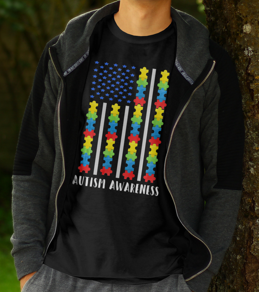 Autism Awareness Puzzle Piece USA Flag T-Shirt