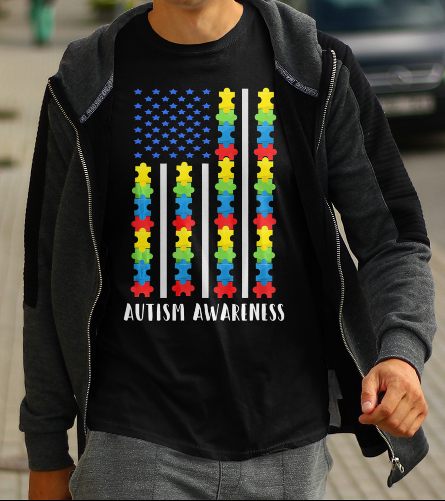 Autism Awareness Puzzle Piece USA Flag T-Shirt