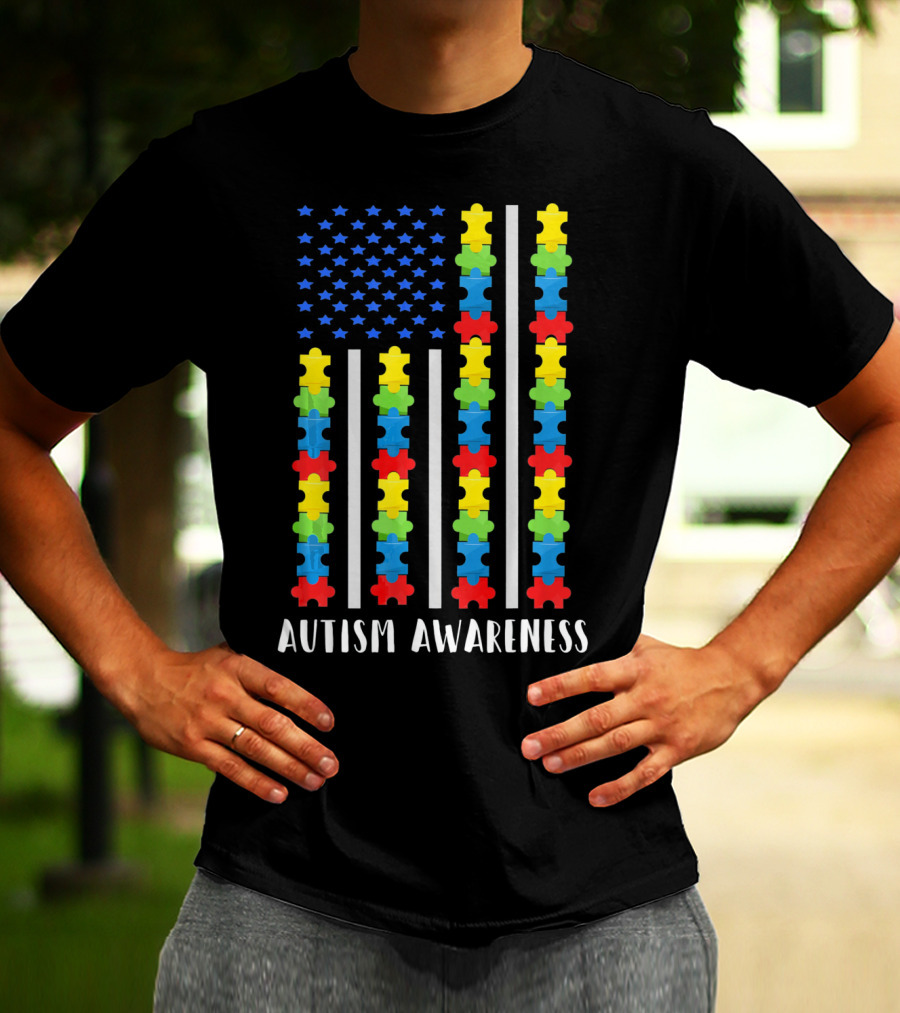 Autism Awareness Puzzle Piece USA Flag T-Shirt