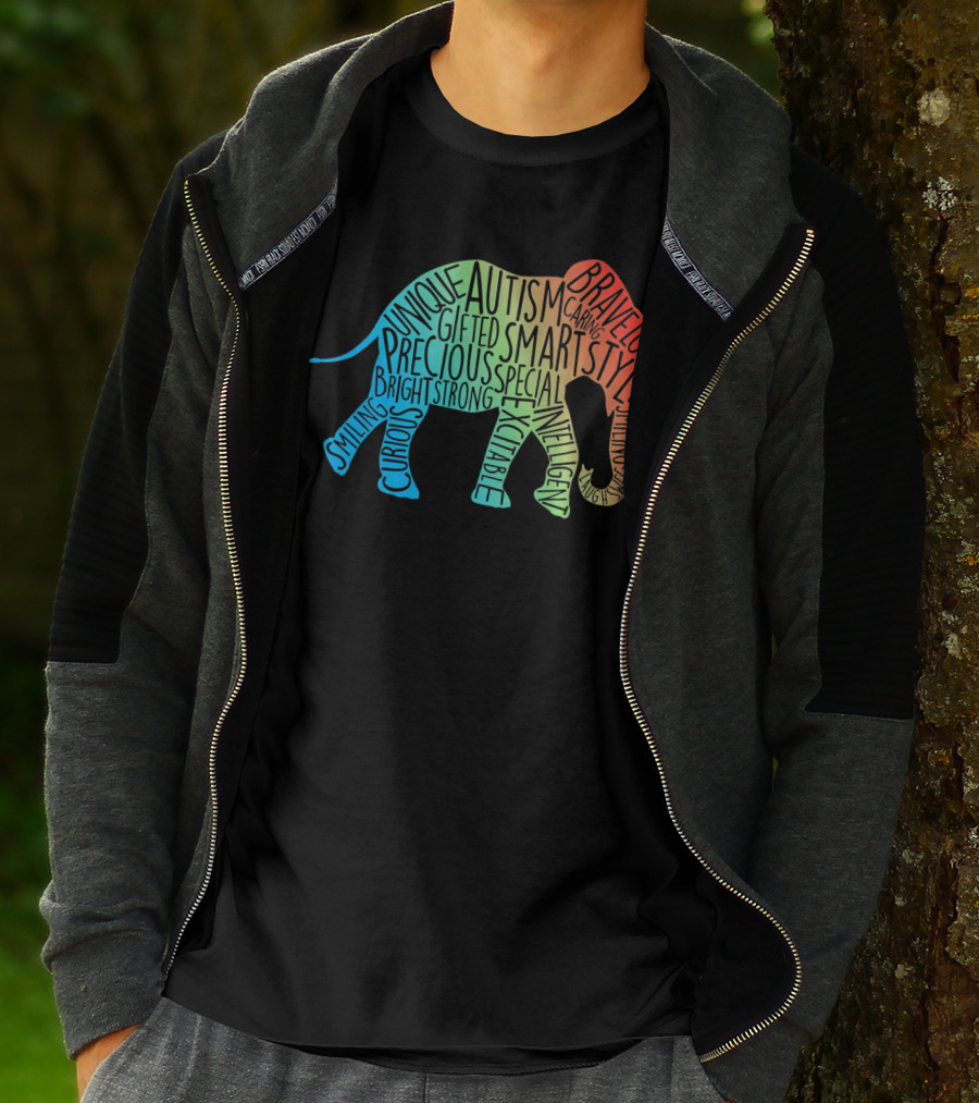 Autism Awareness Elephant Collage Brave Unique Precious Bright Smart Strong T-Shirt