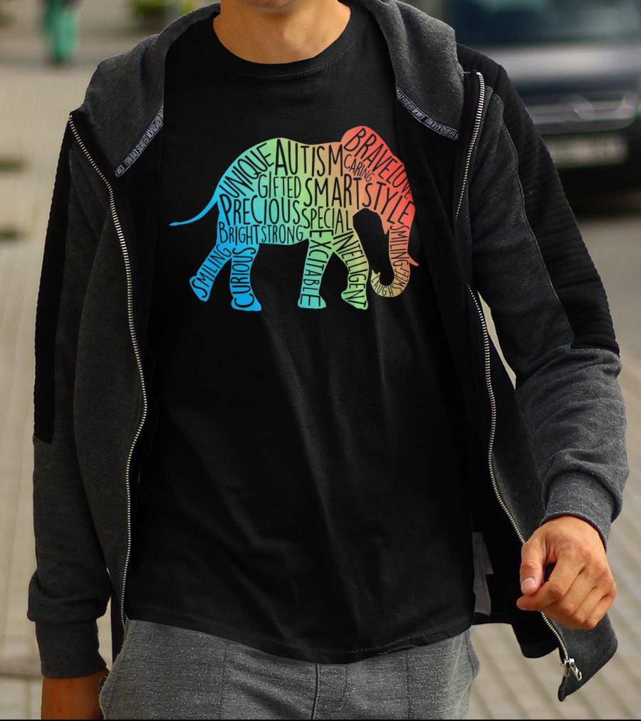 Autism Awareness Elephant Collage Brave Unique Precious Bright Smart Strong T-Shirt