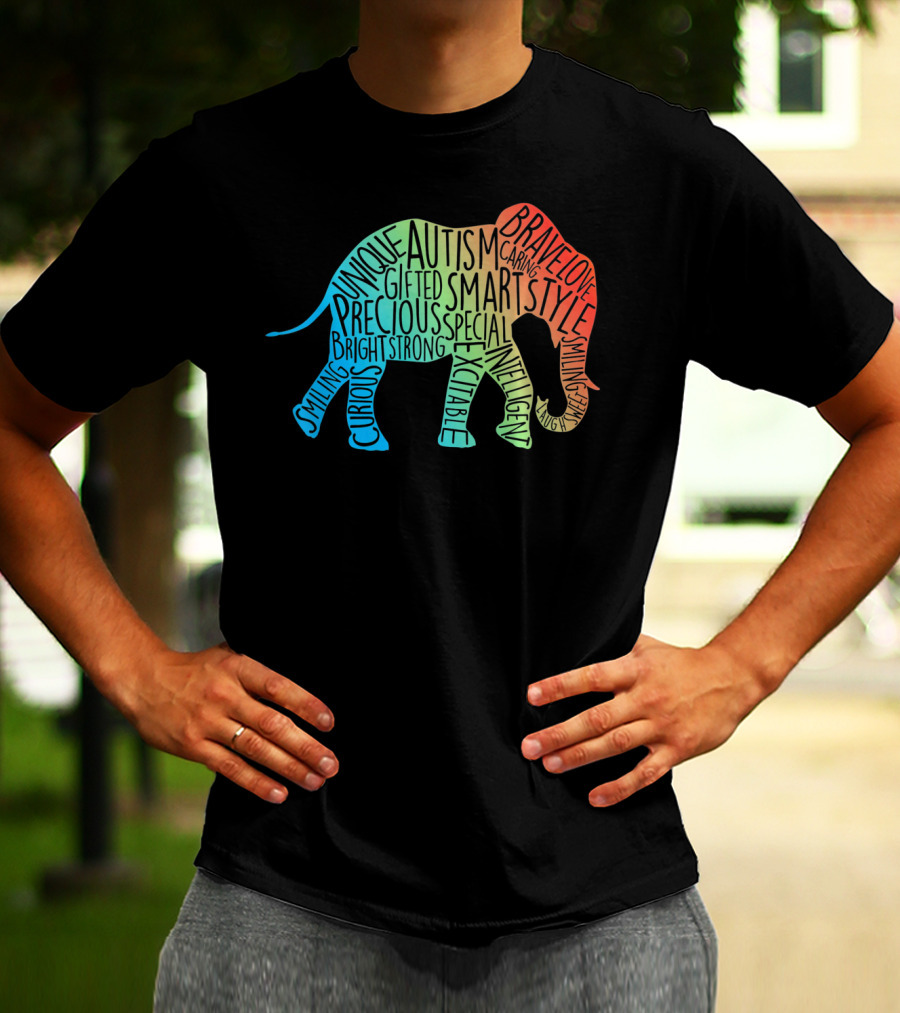 Autism Awareness Elephant Collage Brave Unique Precious Bright Smart Strong T-Shirt