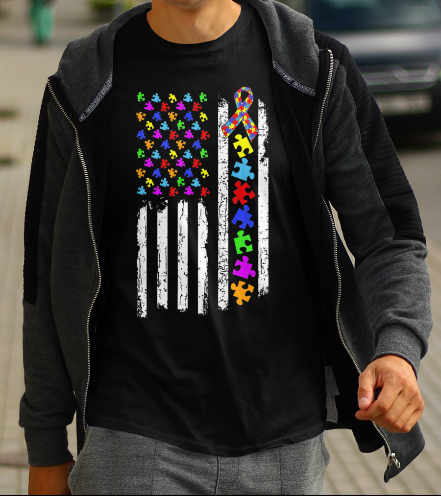 Autism Awareness Puzzle Pieces American Flag T-Shirt