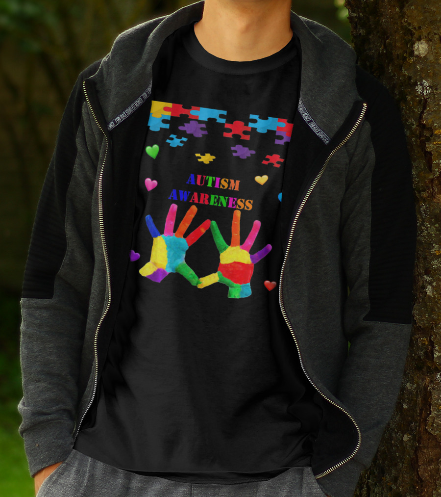 Autism Awareness Colorful Hands With Puzzle Pieces And Hearts T-Shirt