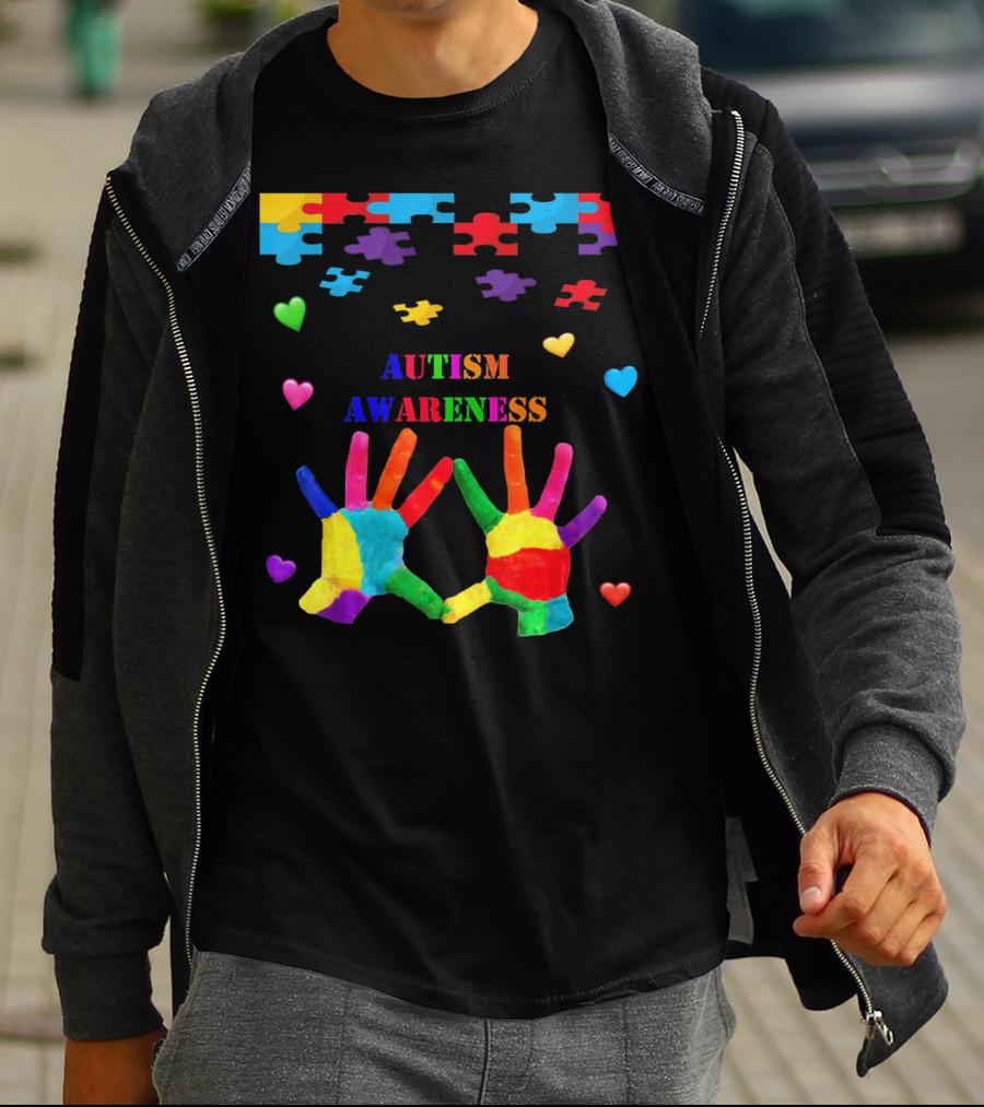 Autism Awareness Colorful Hands With Puzzle Pieces And Hearts T-Shirt