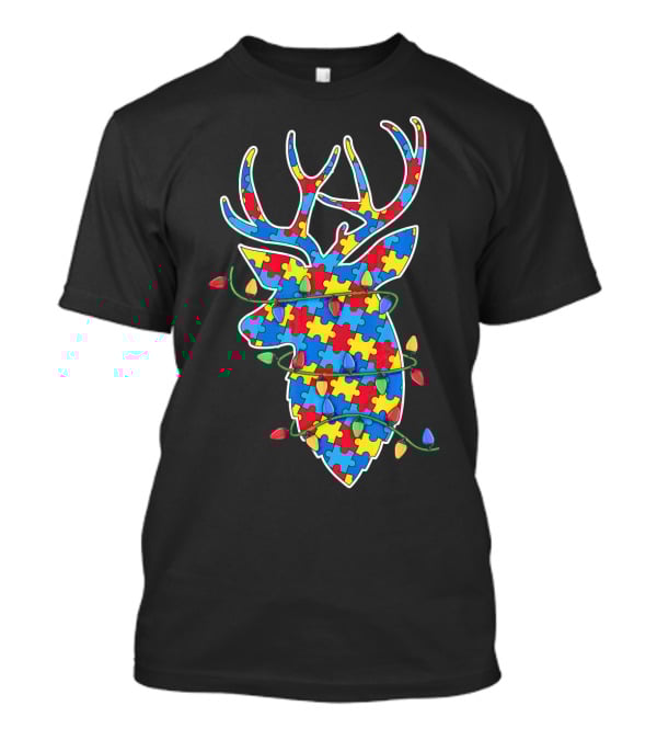 Christmas Autism Awareness Mom Puzzle Reindeer Lights T-Shirt