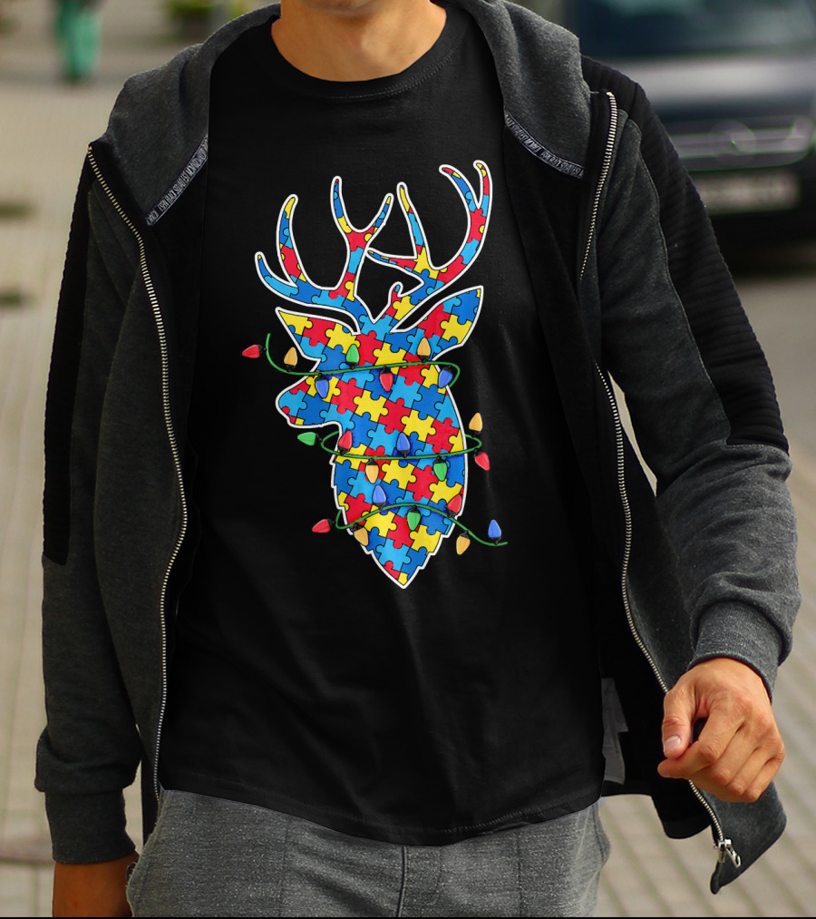 Christmas Autism Awareness Mom Puzzle Reindeer Lights T-Shirt