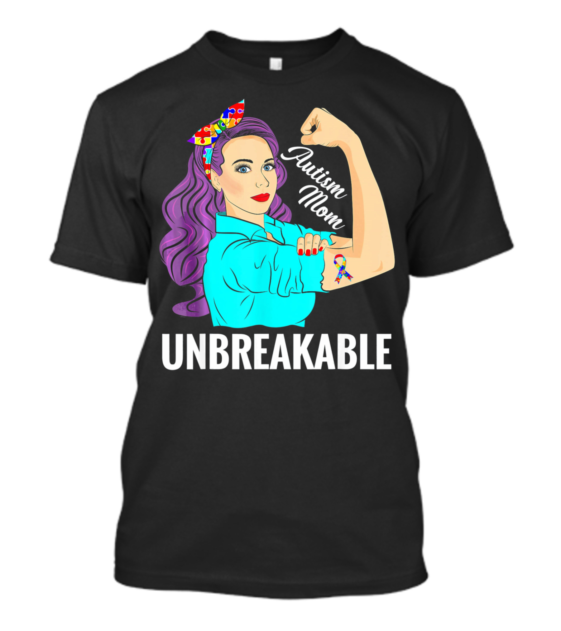 Autism Mom Unbreakable Awareness Rosie The Riveter With Puzzle T-Shirt