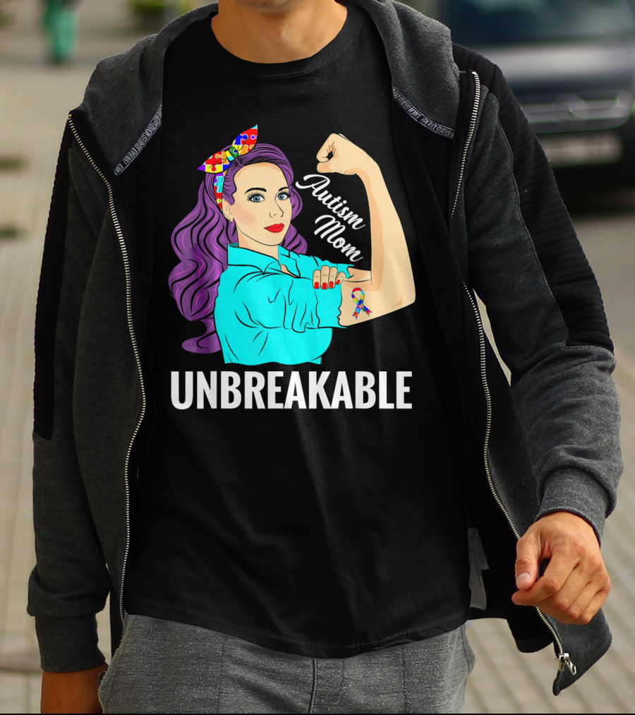 Autism Mom Unbreakable Awareness Rosie The Riveter With Puzzle T-Shirt
