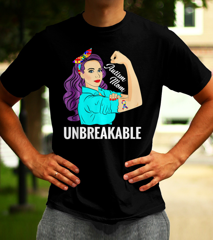 Autism Mom Unbreakable Awareness Rosie The Riveter With Puzzle T-Shirt