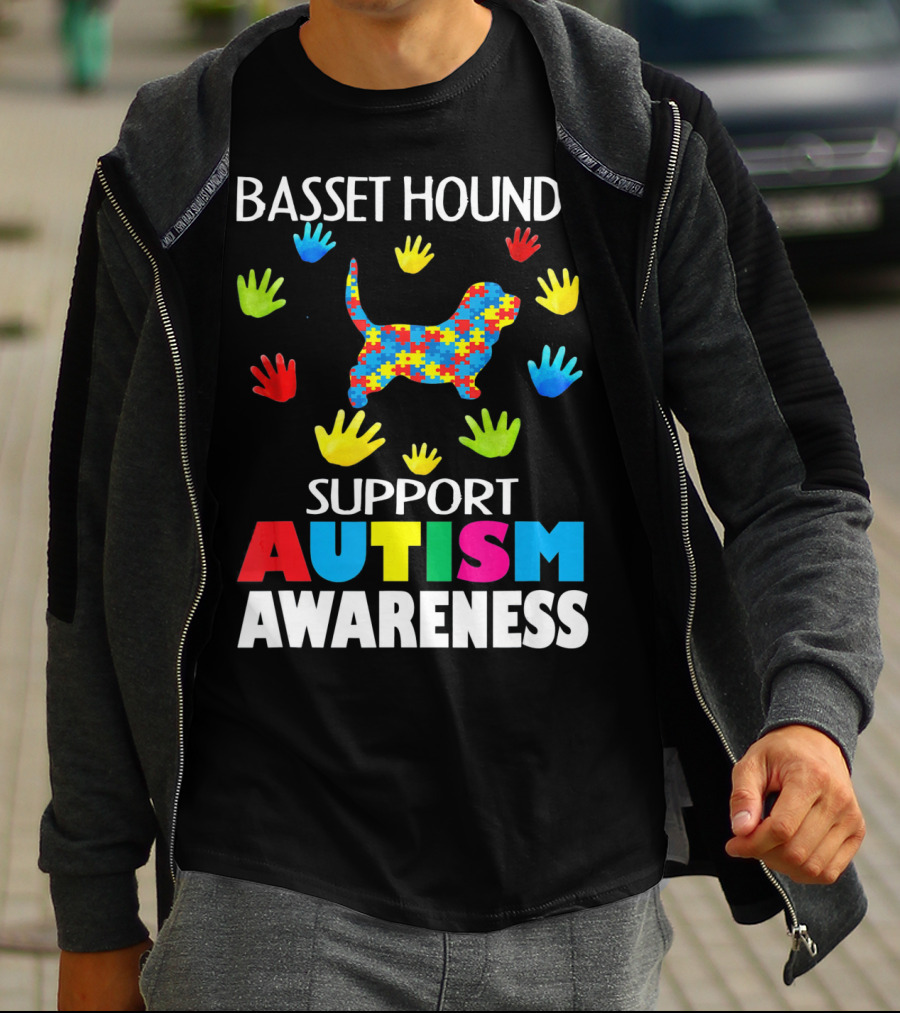 Basset Hounds Support Autism Awareness Puzzle Pattern Hands T-Shirt