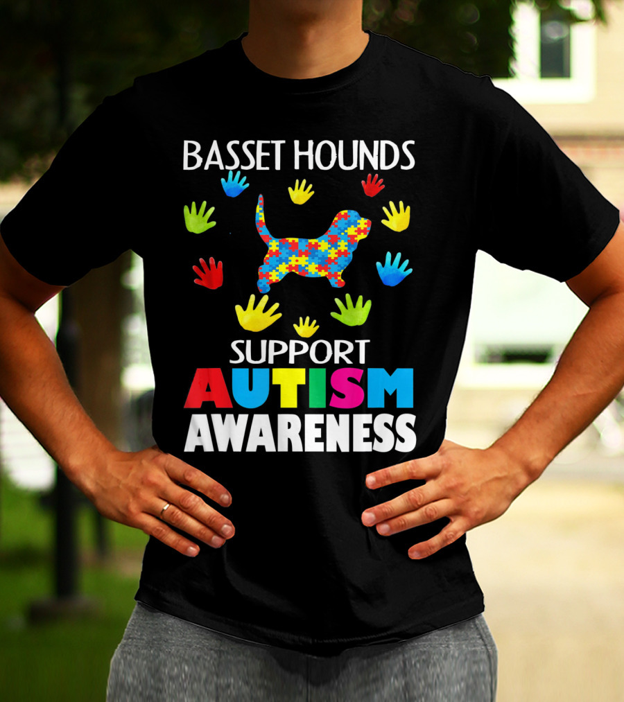 Basset Hounds Support Autism Awareness Puzzle Pattern Hands T-Shirt