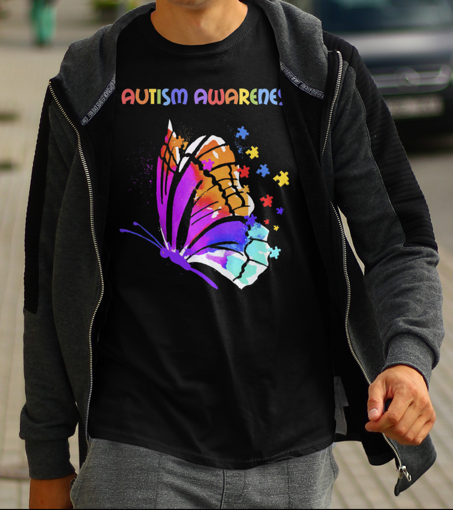 Autism Awareness Colorful Butterfly With Puzzle Pieces T-Shirt