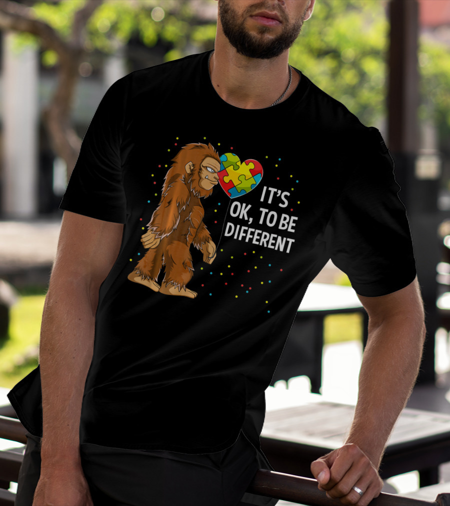 Autism Awareness Bigfoot Heart Puzzle It's OK To Be Different T-Shirt