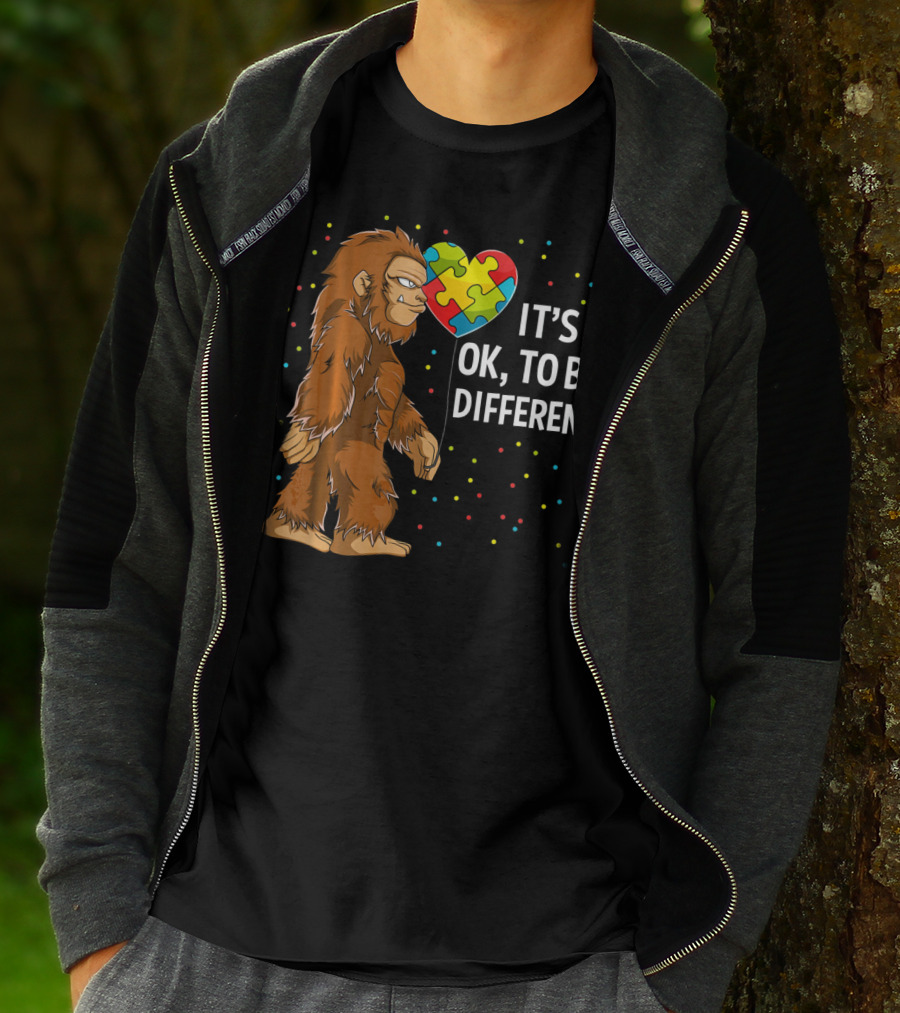 Autism Awareness Bigfoot Heart Puzzle It's OK To Be Different T-Shirt