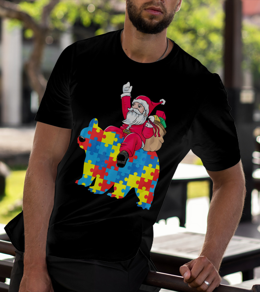 Santa Claus Riding Puzzle Piece Bear Autism Awareness T-Shirt