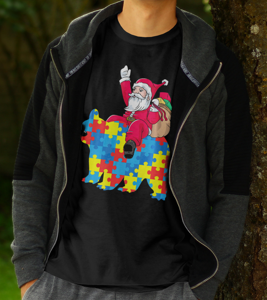 Santa Claus Riding Puzzle Piece Bear Autism Awareness T-Shirt