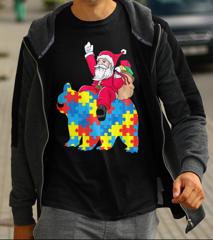 Santa Claus Riding Puzzle Piece Bear Autism Awareness T-Shirt