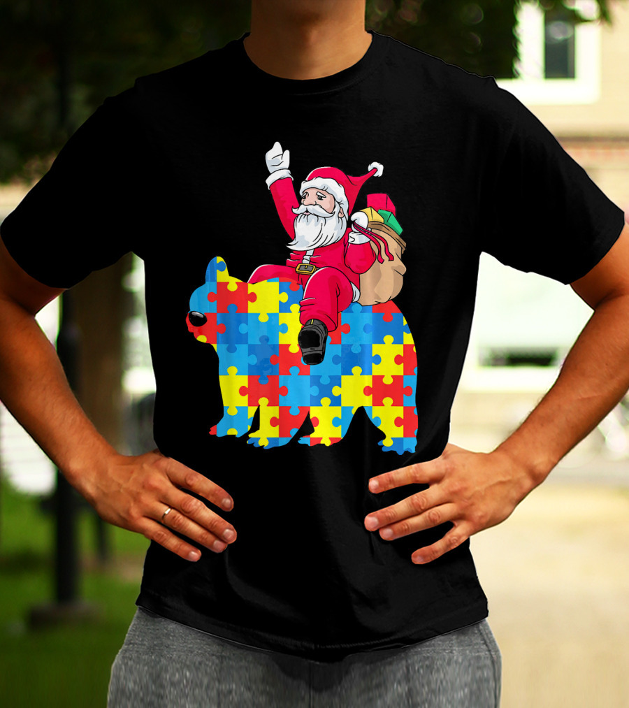 Santa Claus Riding Puzzle Piece Bear Autism Awareness T-Shirt