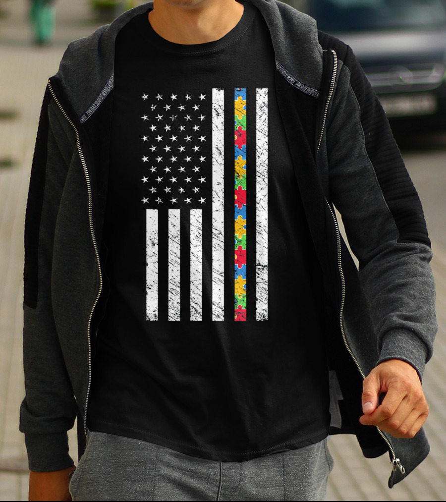 Autism Awareness American Flag Puzzle Piece T-Shirt