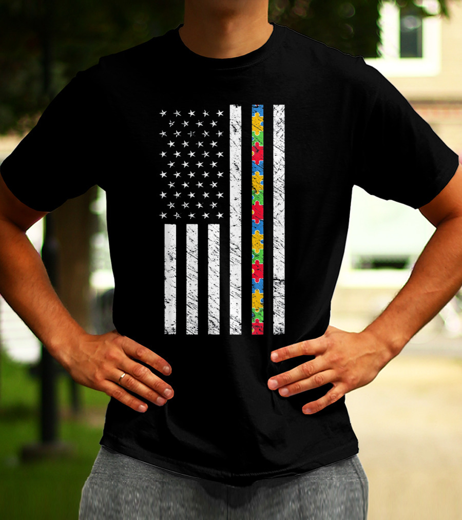 Autism Awareness American Flag Puzzle Piece T-Shirt