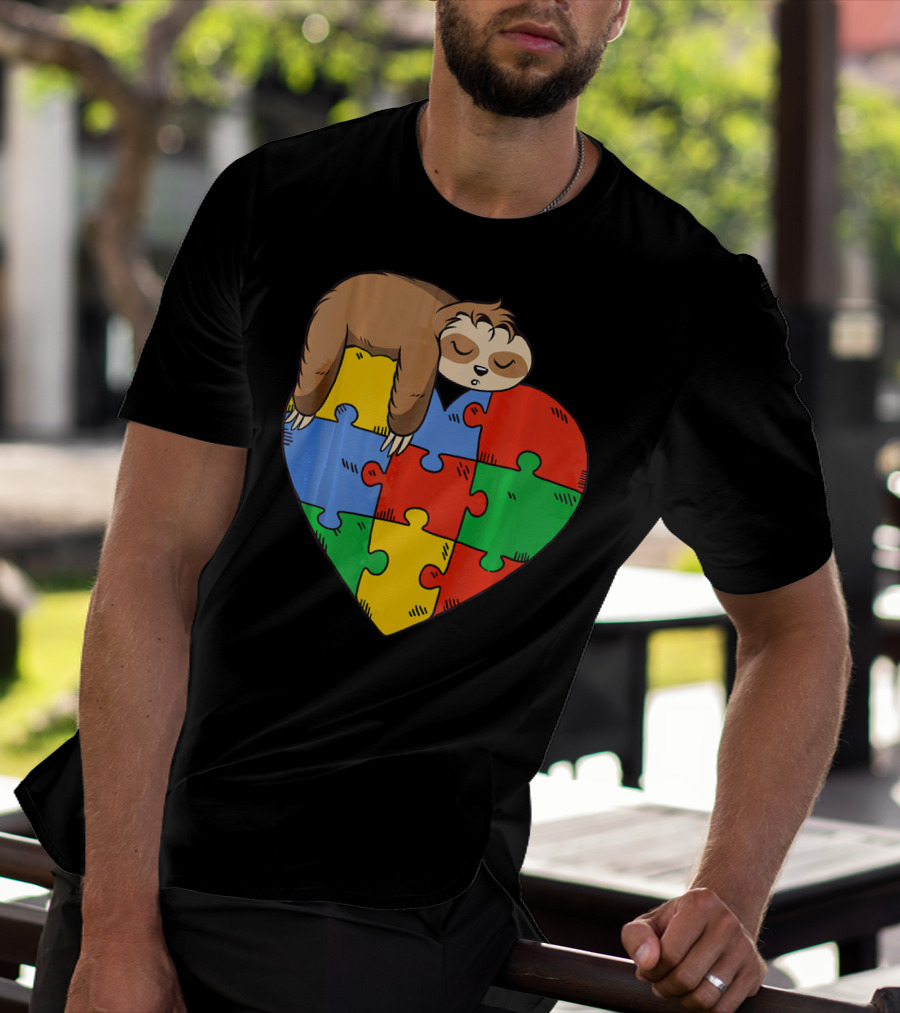 Cute Sloth Heart Puzzle Autism Parents Autistic Child T-Shirt