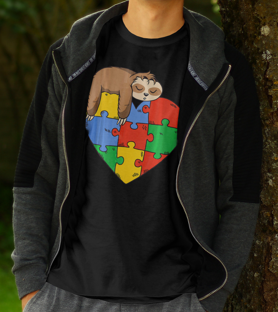 Cute Sloth Heart Puzzle Autism Parents Autistic Child T-Shirt