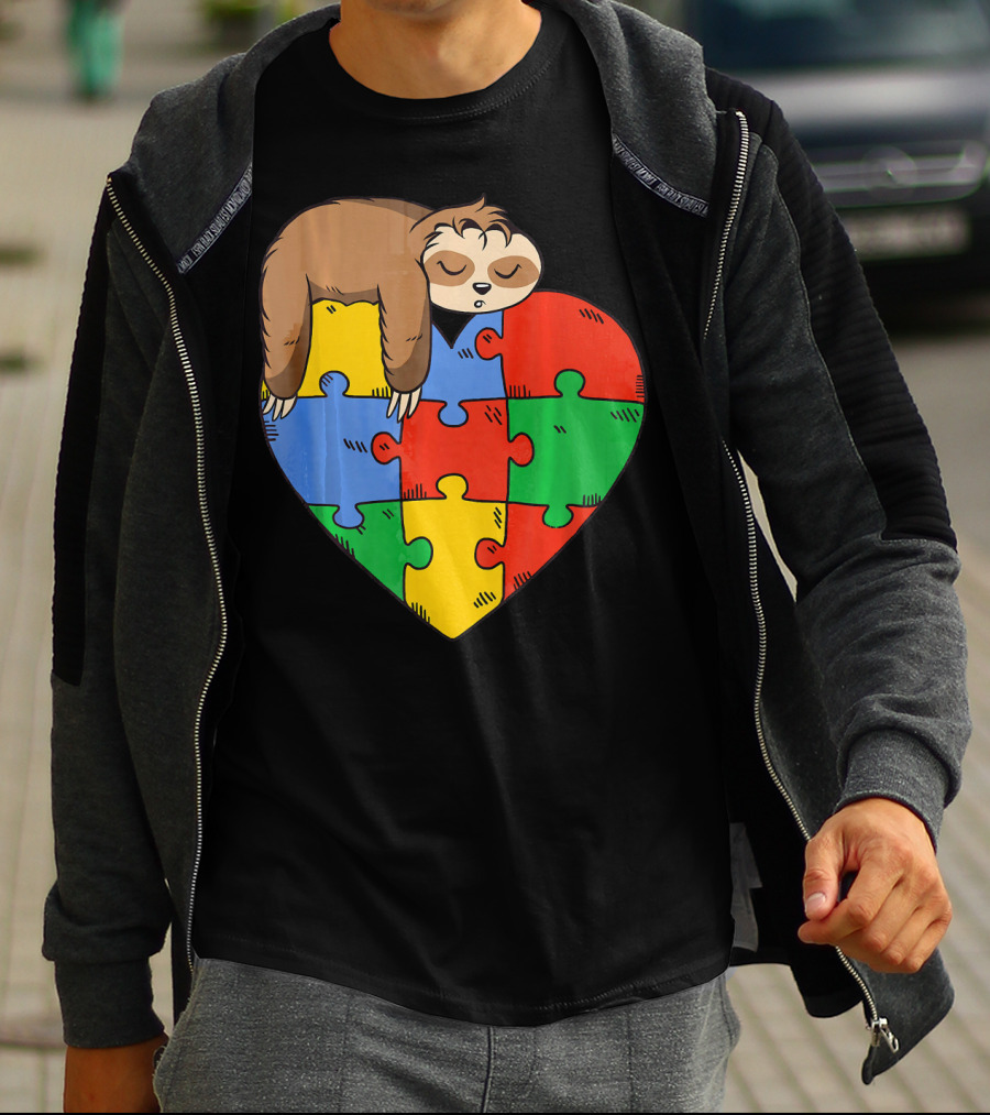 Cute Sloth Heart Puzzle Autism Parents Autistic Child T-Shirt