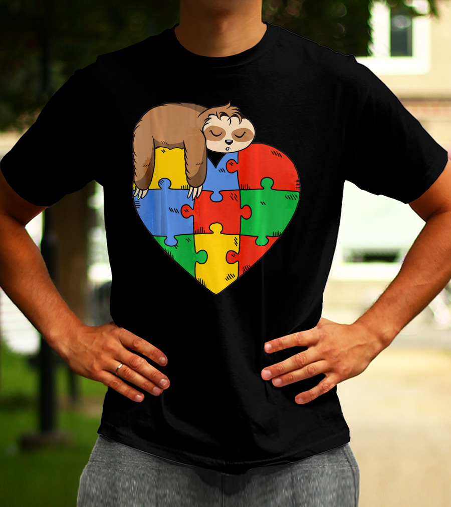 Cute Sloth Heart Puzzle Autism Parents Autistic Child T-Shirt