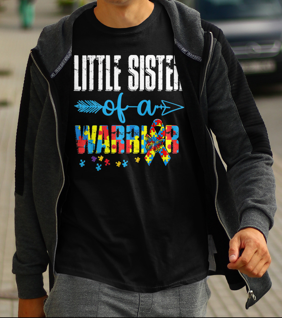 Little Sister Of A Warrior Autism Awareness Ribbon Puzzle Pieces T-Shirt