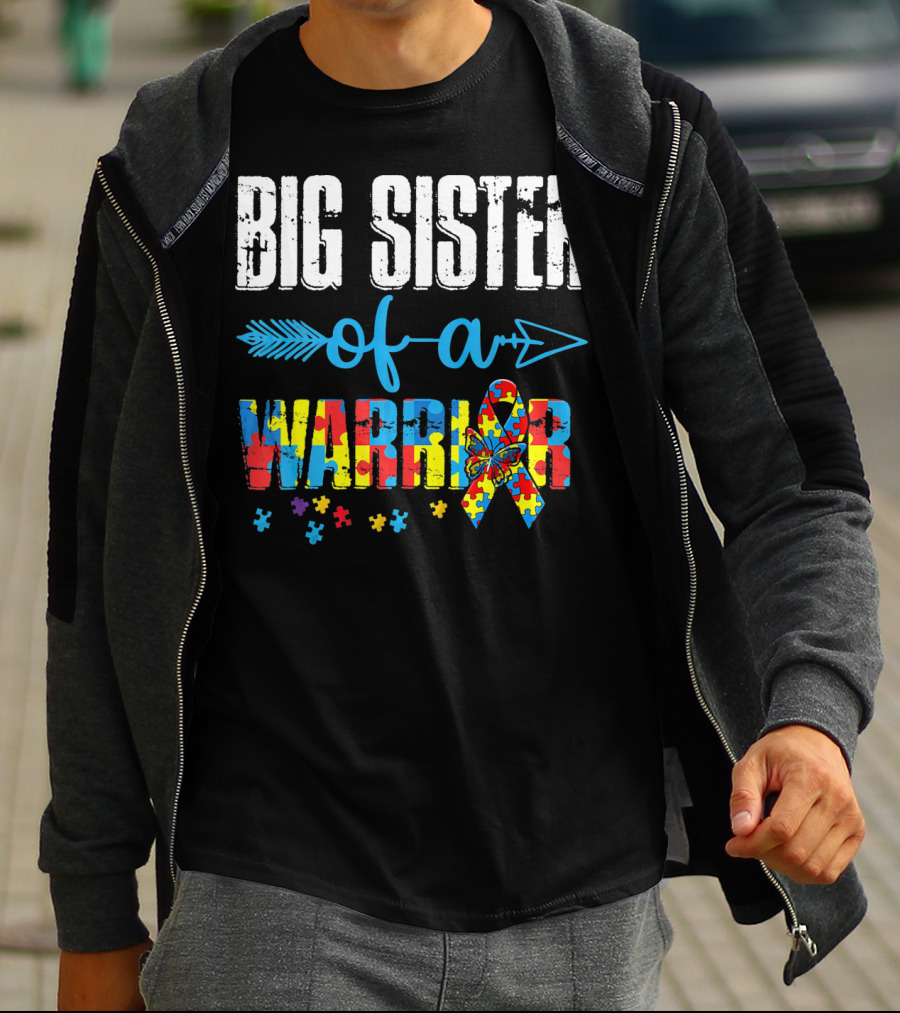 Big Sister Of A Warrior Autism Awareness Puzzle Ribbon And Butterfly T-Shirt