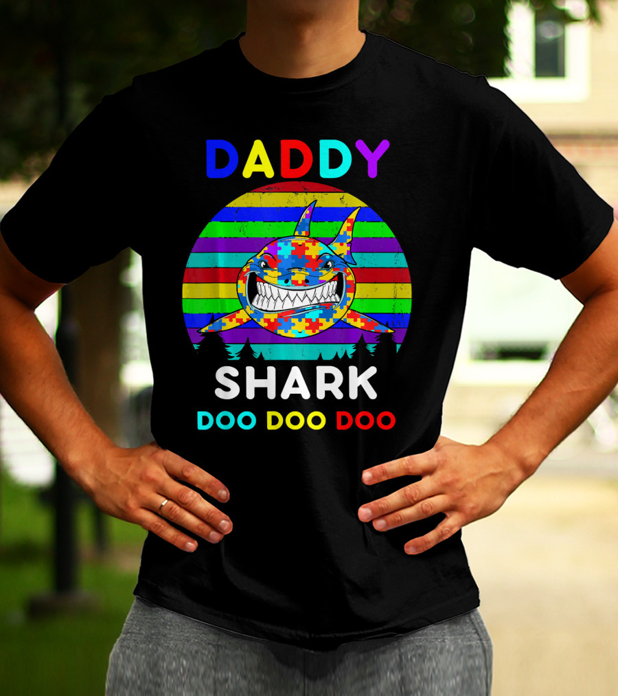Daddy Shark Doo Doo Autism Awareness Colorful Puzzle Stripes T-Shirt