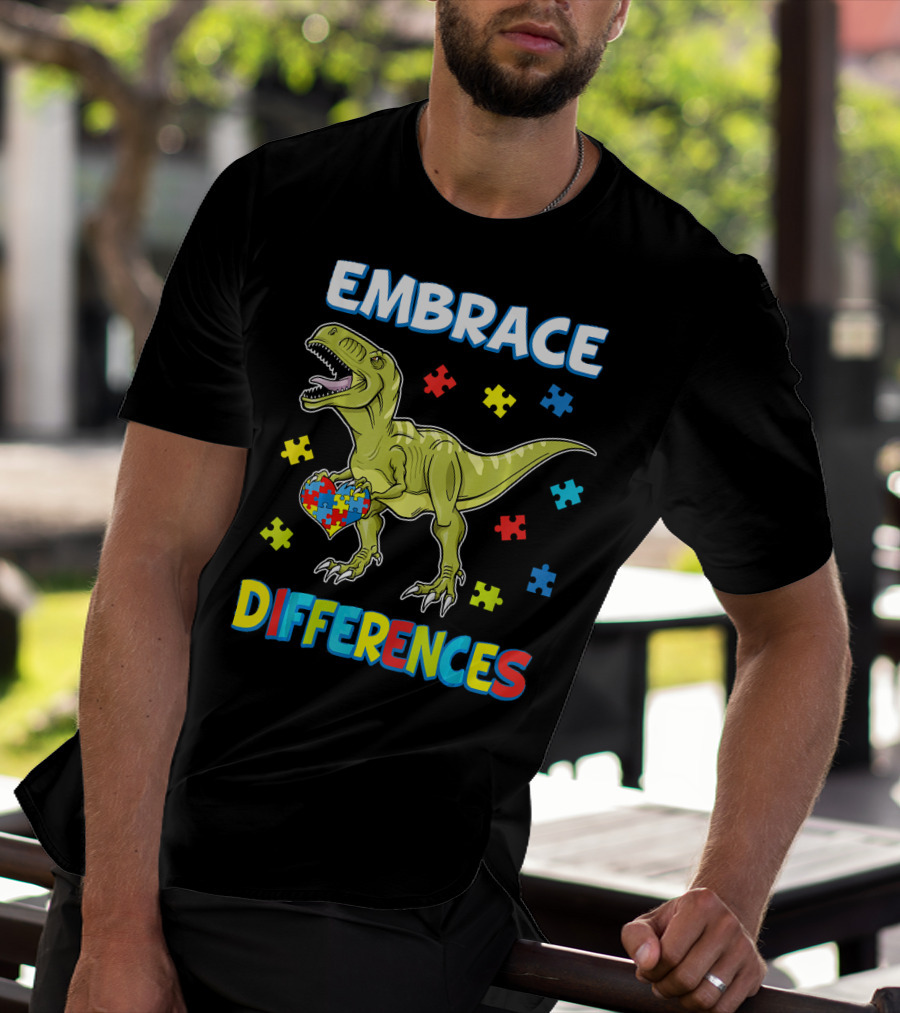 Embrace Differences Dinosaurus Trex Auti Puzzle Heart T-Shirt