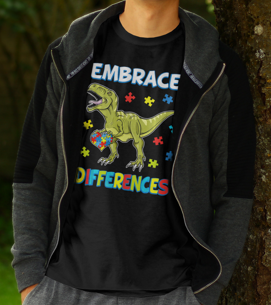 Embrace Differences Dinosaurus Trex Auti Puzzle Heart T-Shirt