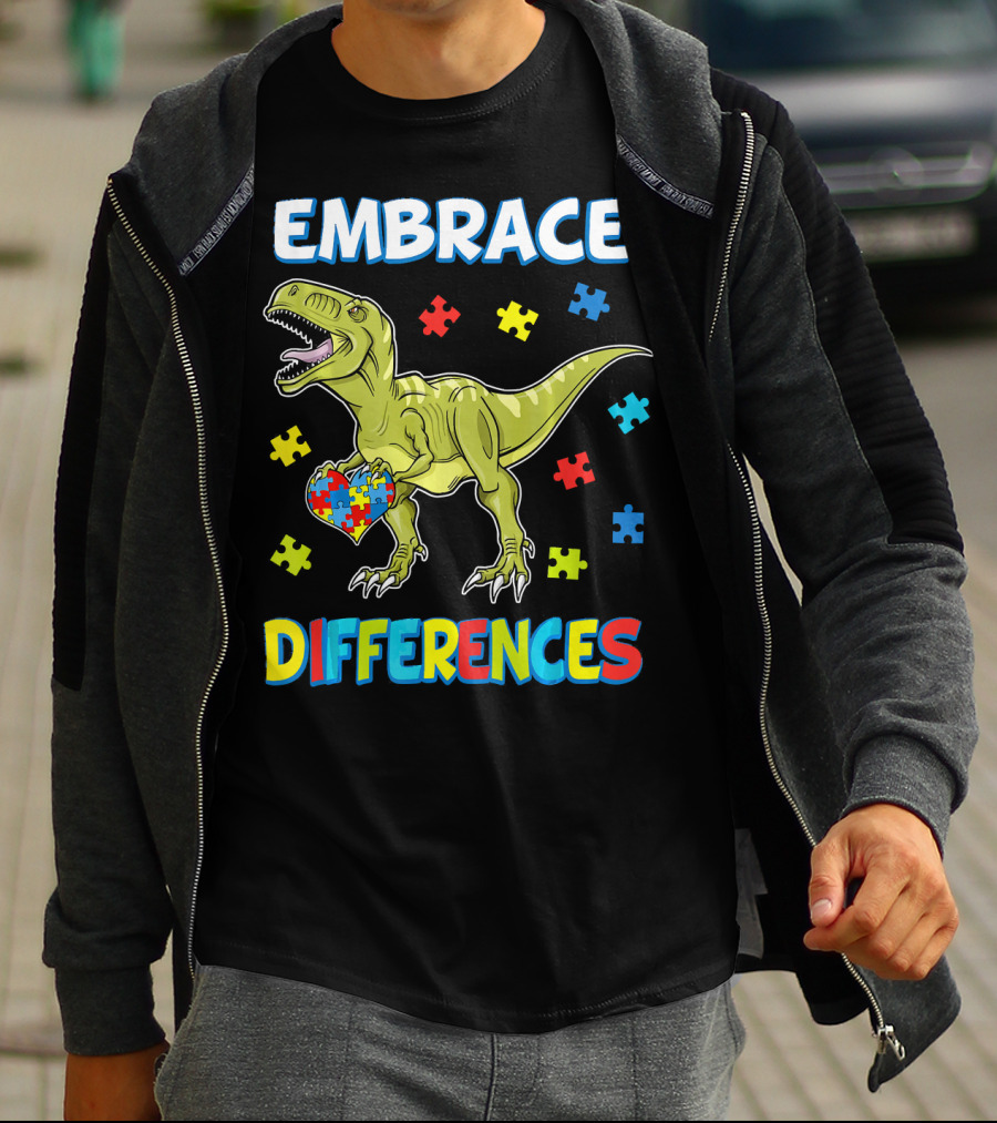 Embrace Differences Dinosaurus Trex Auti Puzzle Heart T-Shirt