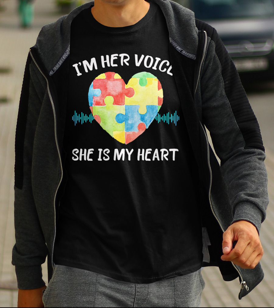 I'M HER VOICE SHE IS MY HEART Autism Puzzle Heart T-Shirt