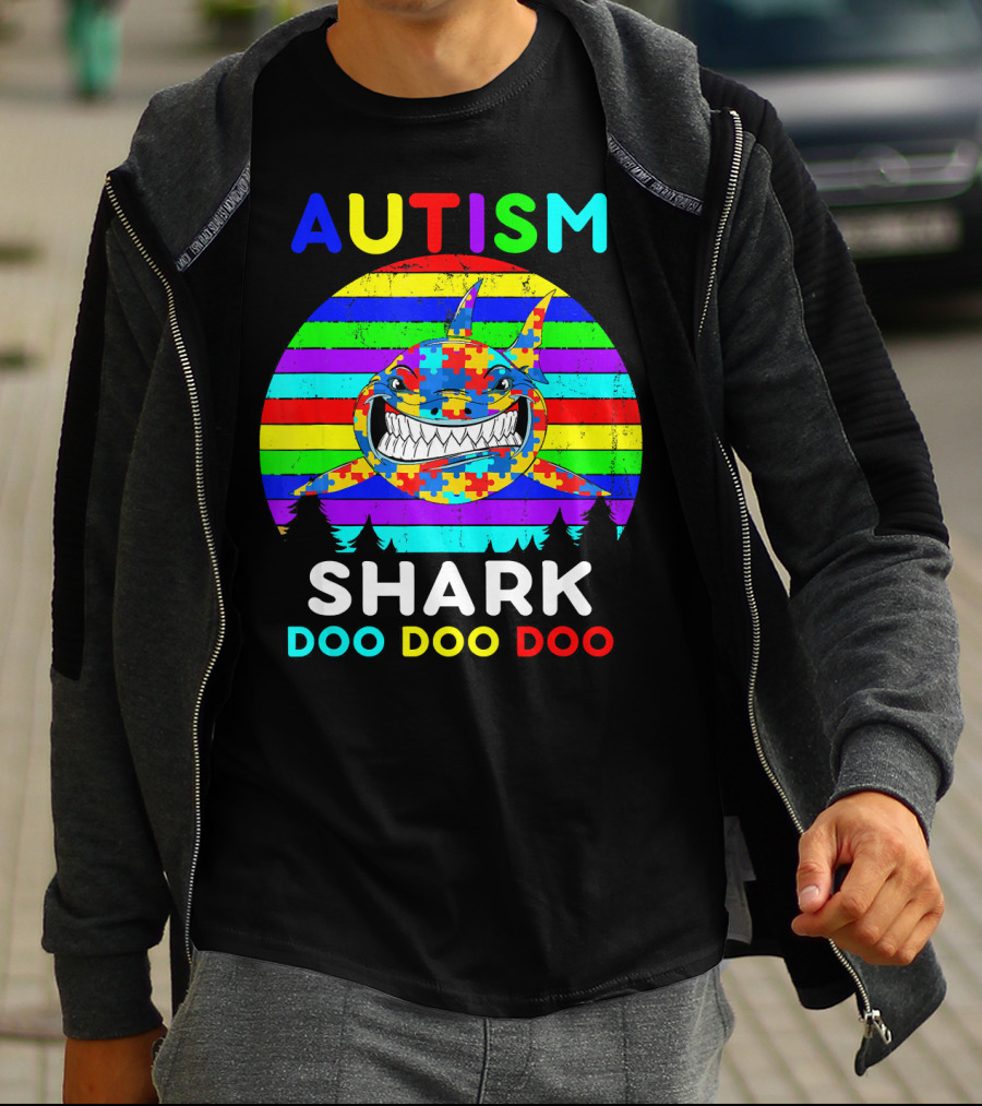 Autism Shark Doo Doo Doo Puzzle Piece Rainbow Awareness T-Shirt