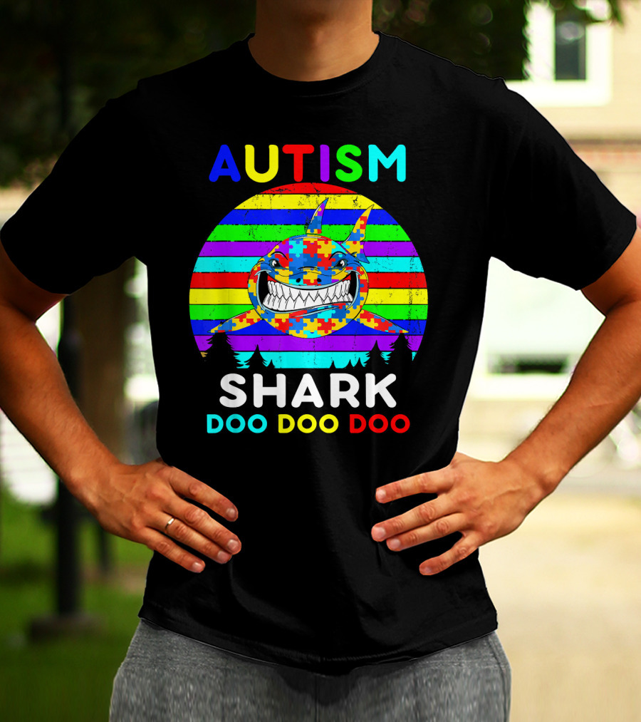 Autism Shark Doo Doo Doo Puzzle Piece Rainbow Awareness T-Shirt